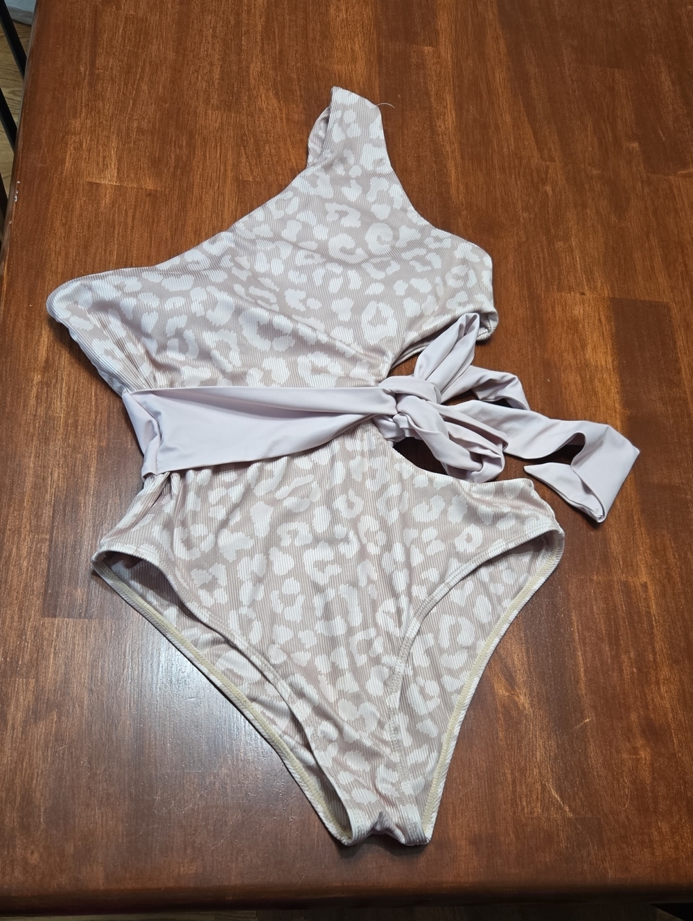 Pink Lily One-Shoulder Light Taupe Leopard-Print One-Piece with Waist Tie